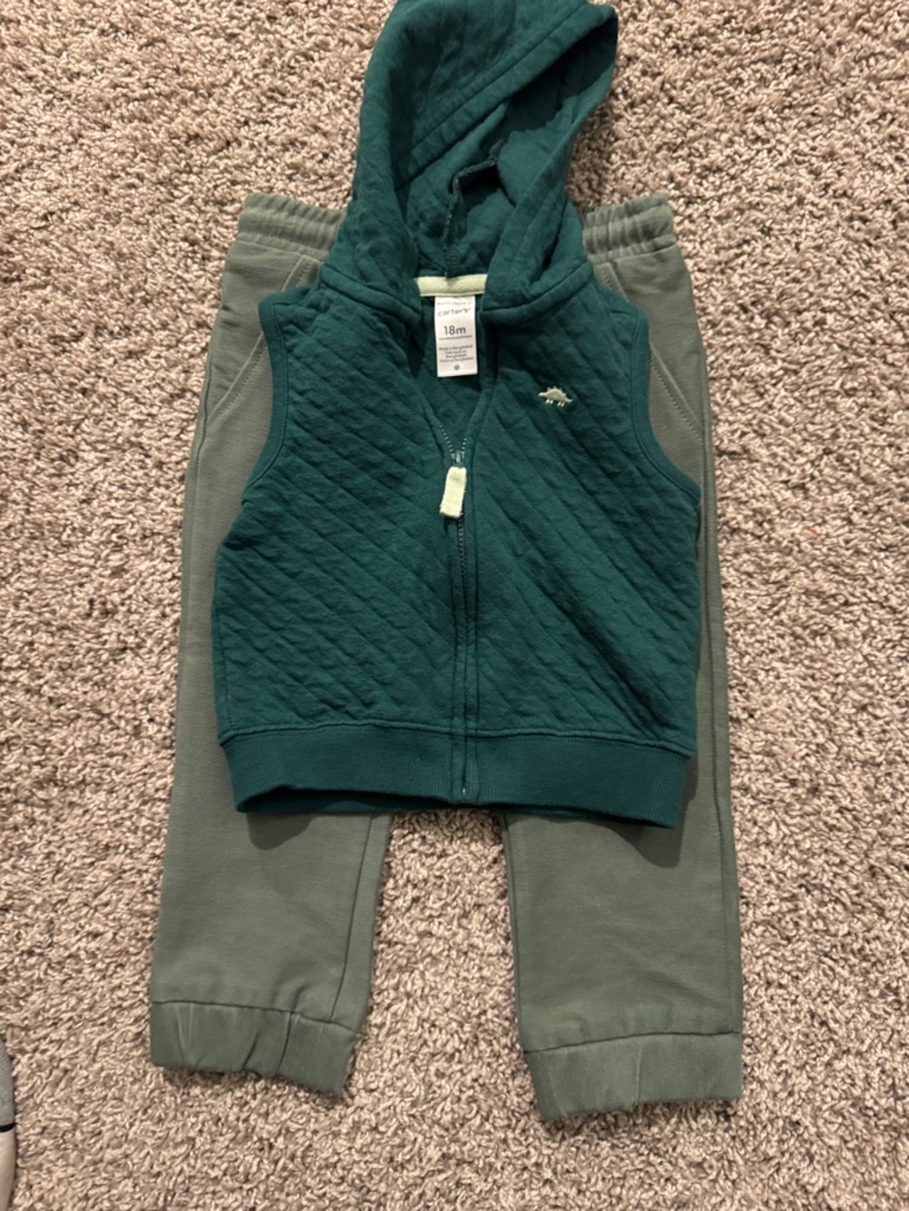 Carter's Green Quilted Hoodie Vest with Olive Pants